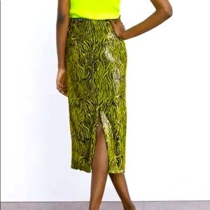 Zara Neon Lime Green Zebra Sequin Midi Pencil Skirt